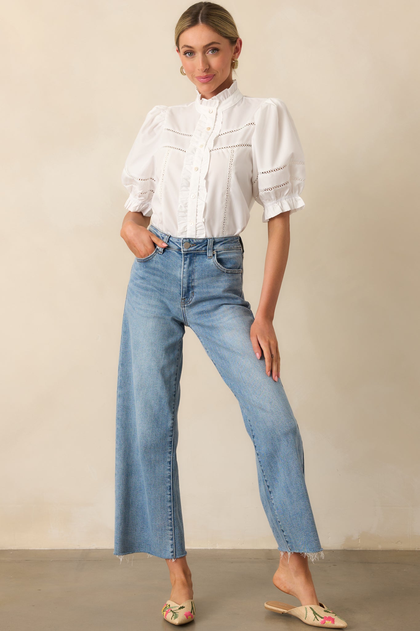 Taking The Scenic Route Ivory Eyelet Ruffle Half Sleeve Top