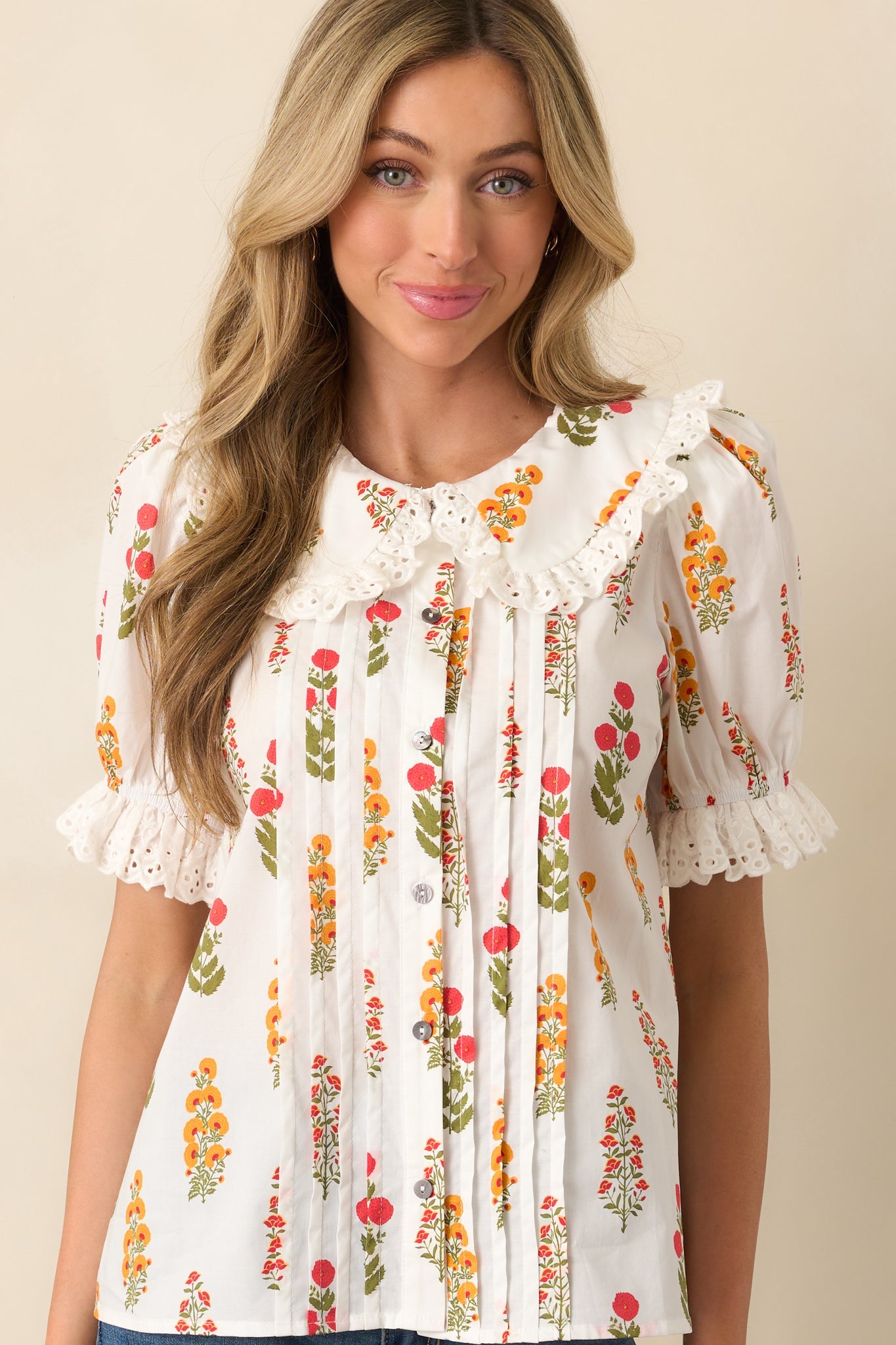 Some Things Take Time Red Floral Cotton Button Front Top