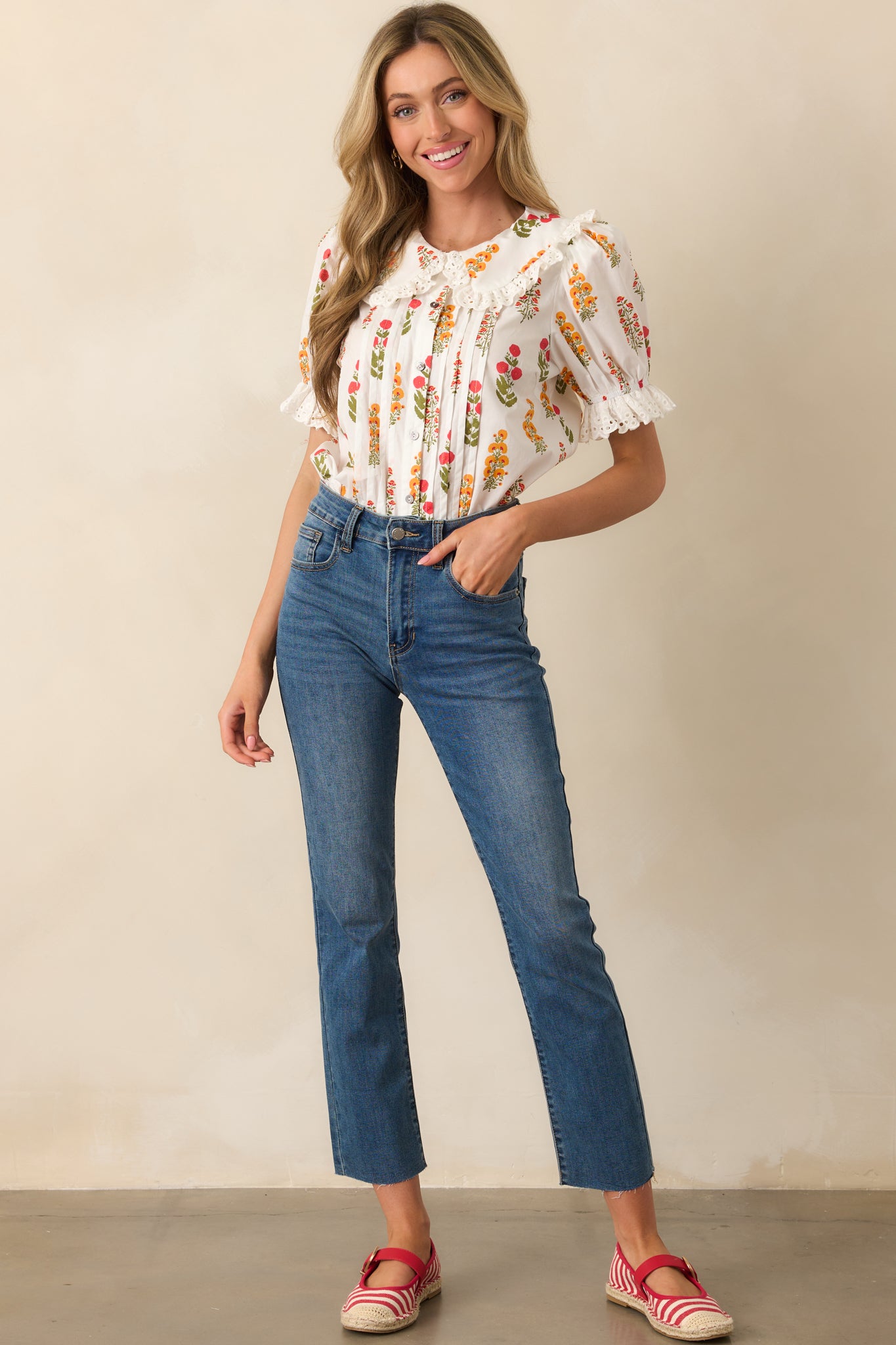 Some Things Take Time Red Floral Cotton Button Front Top