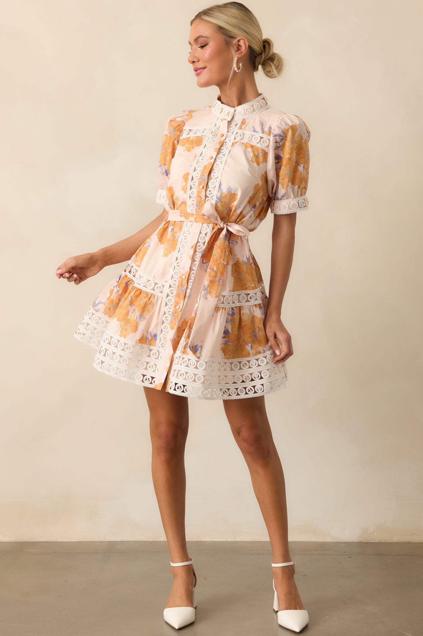 Past The Garden Gates Honey Yellow Floral Cotton Mini Dress