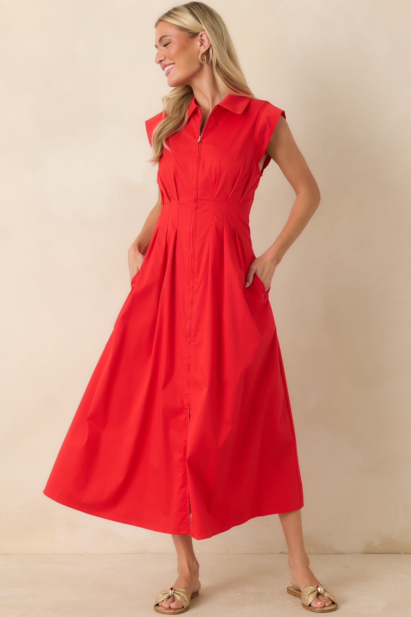 Meet Me Downtown Red Zip Front Midi Dress