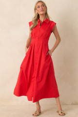 Meet Me Downtown Red Zip Front Midi Dress