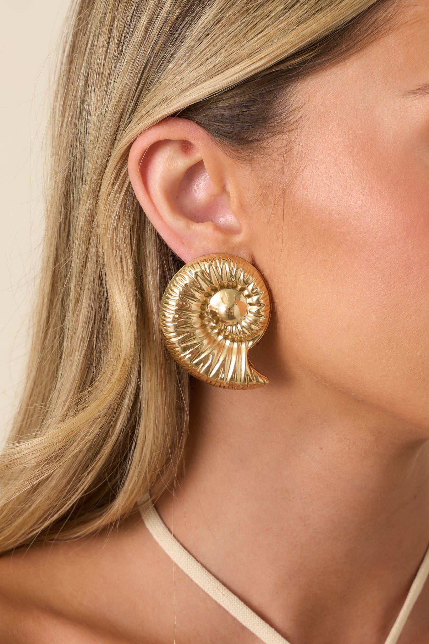 Sea Goddess Gold Spiral Shell Statement Earrings