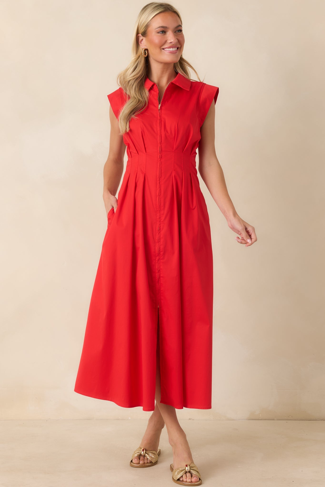 Meet Me Downtown Red Zip Front Midi Dress