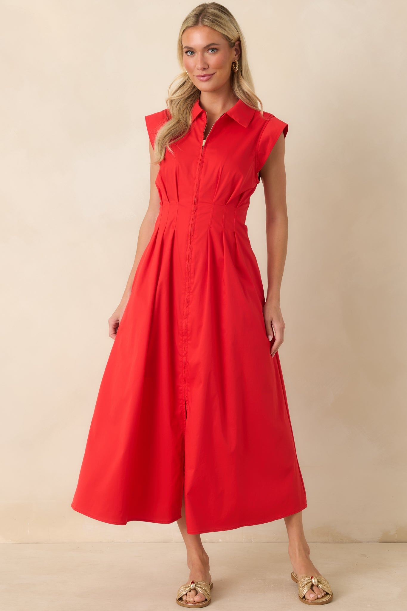 Meet Me Downtown Red Zip Front Midi Dress