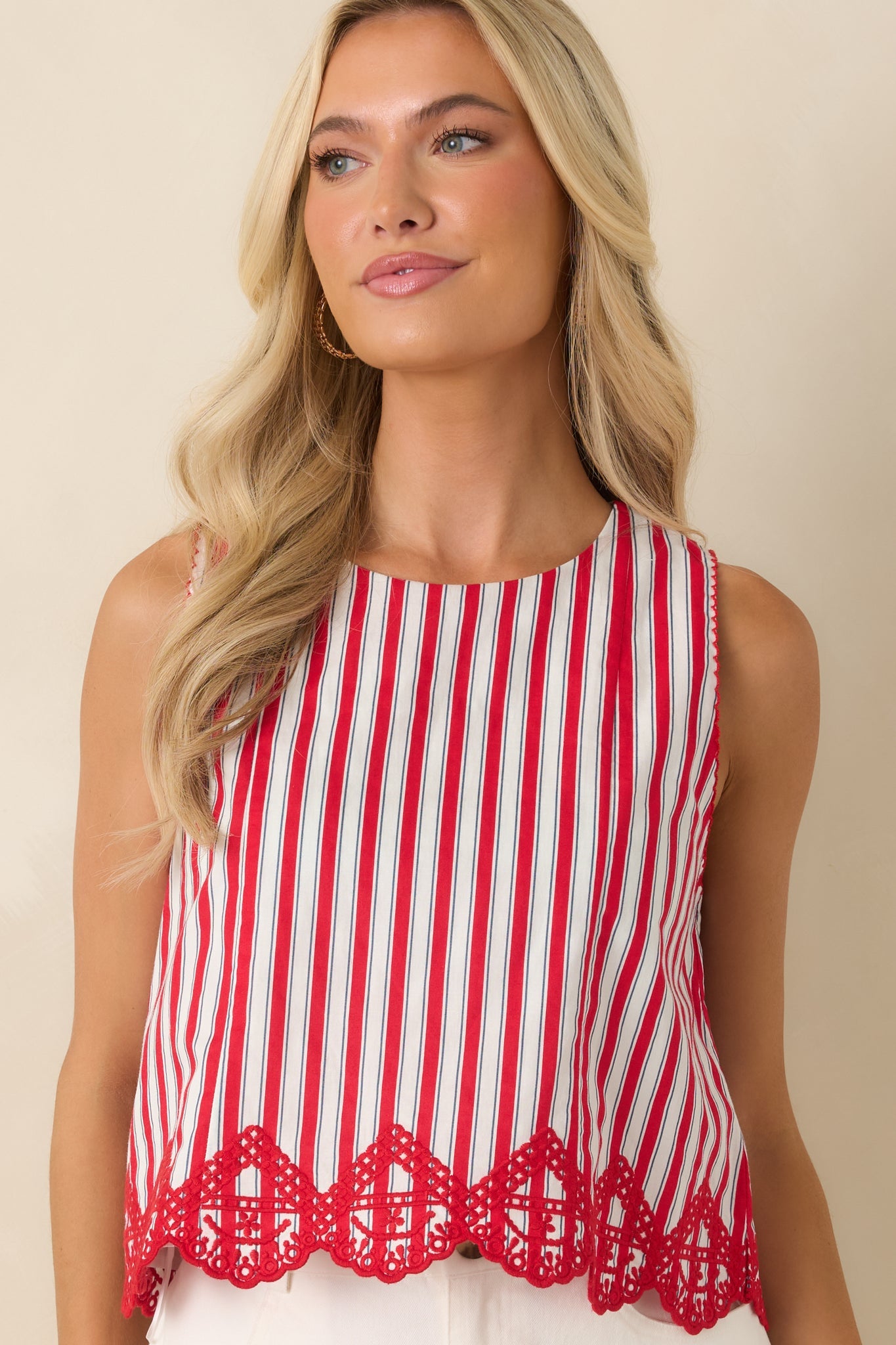 Sweet Liberty Red Multi Stripe Cotton Embroidered Hem Top