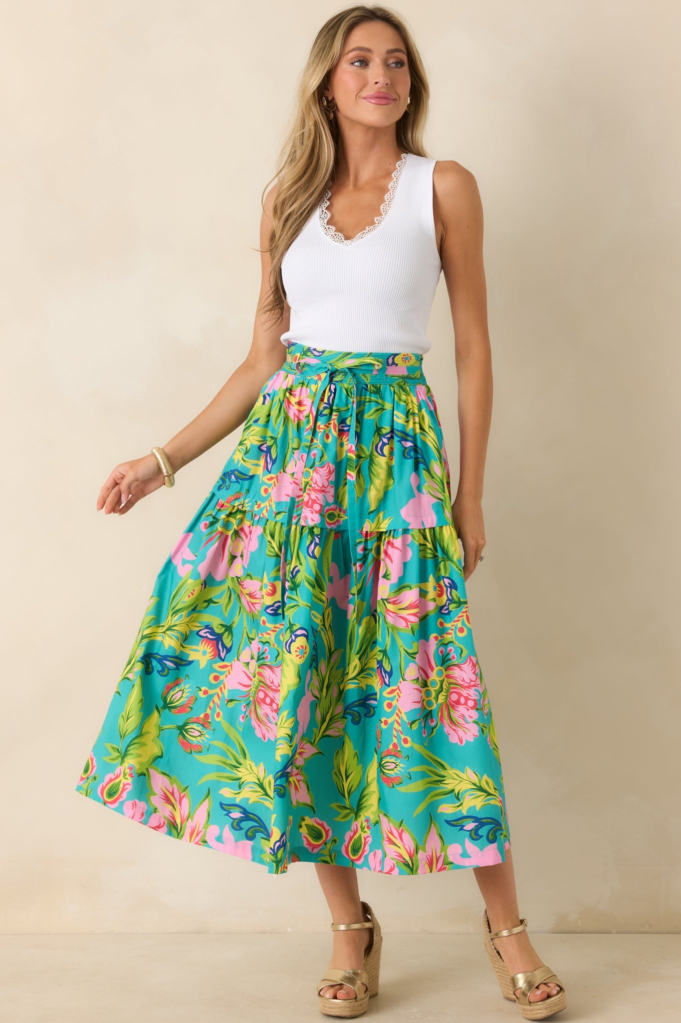 Prosperina Lexi Jade Multi Tropical Floral Cotton Midi Skirt