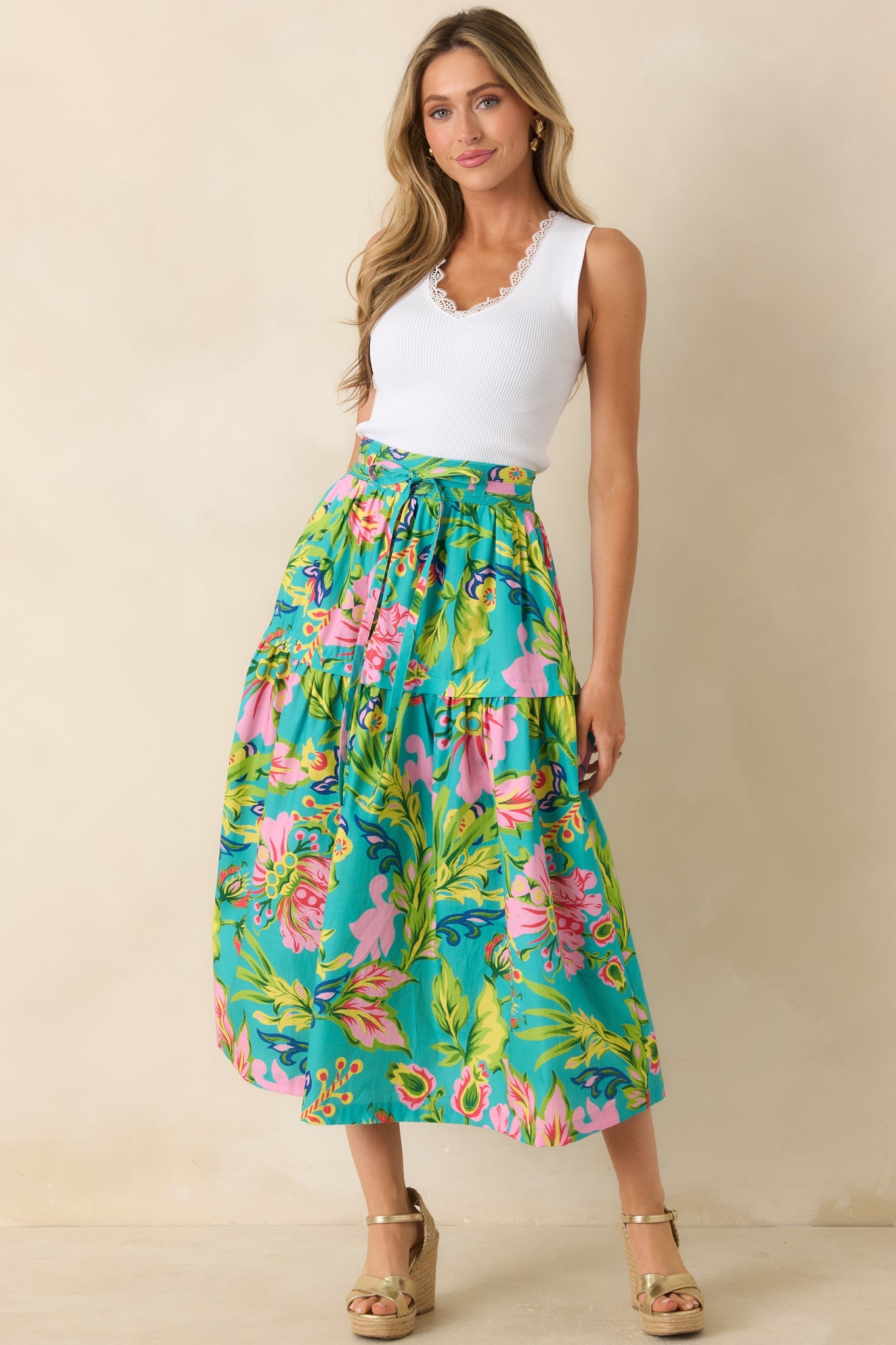 Prosperina Lexi Jade Multi Tropical Floral Cotton Midi Skirt