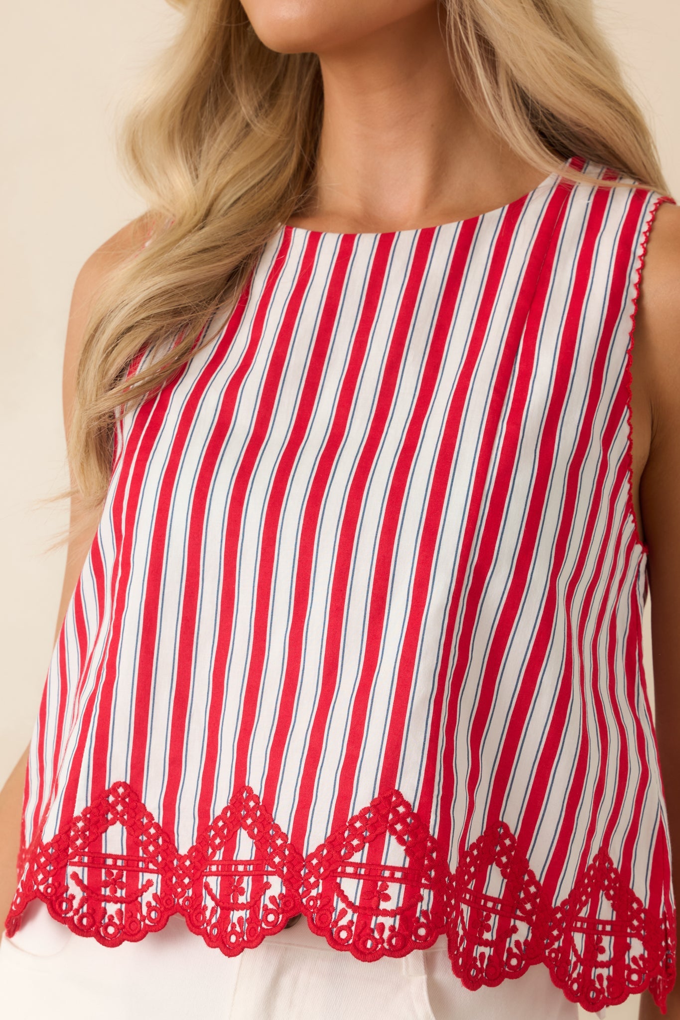 Sweet Liberty Red Multi Stripe Cotton Embroidered Hem Top