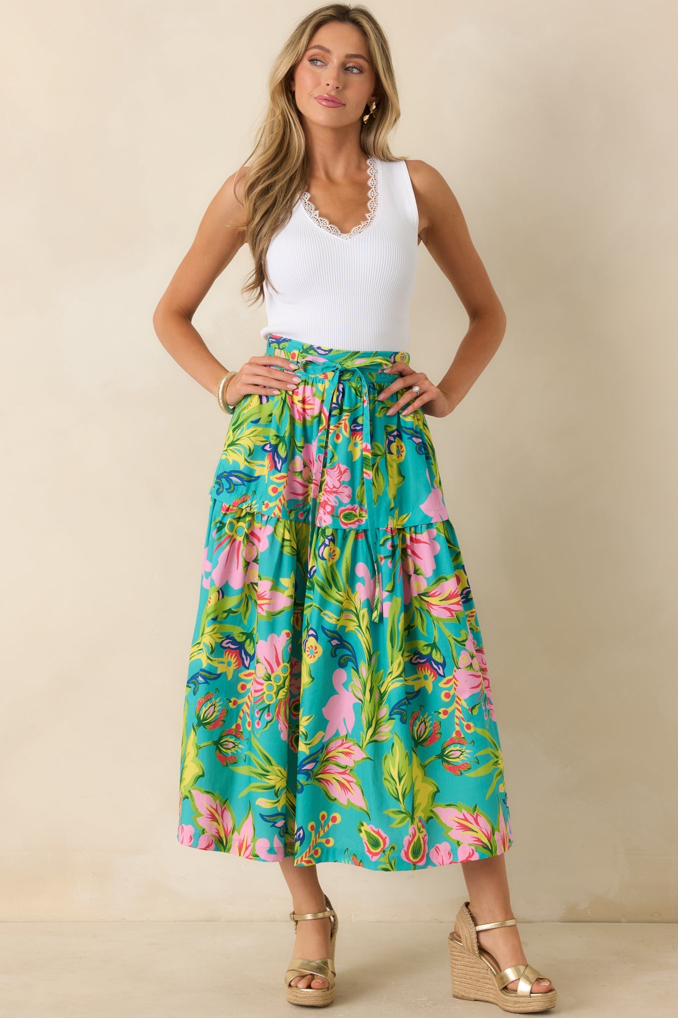 Prosperina Lexi Jade Multi Tropical Floral Cotton Midi Skirt