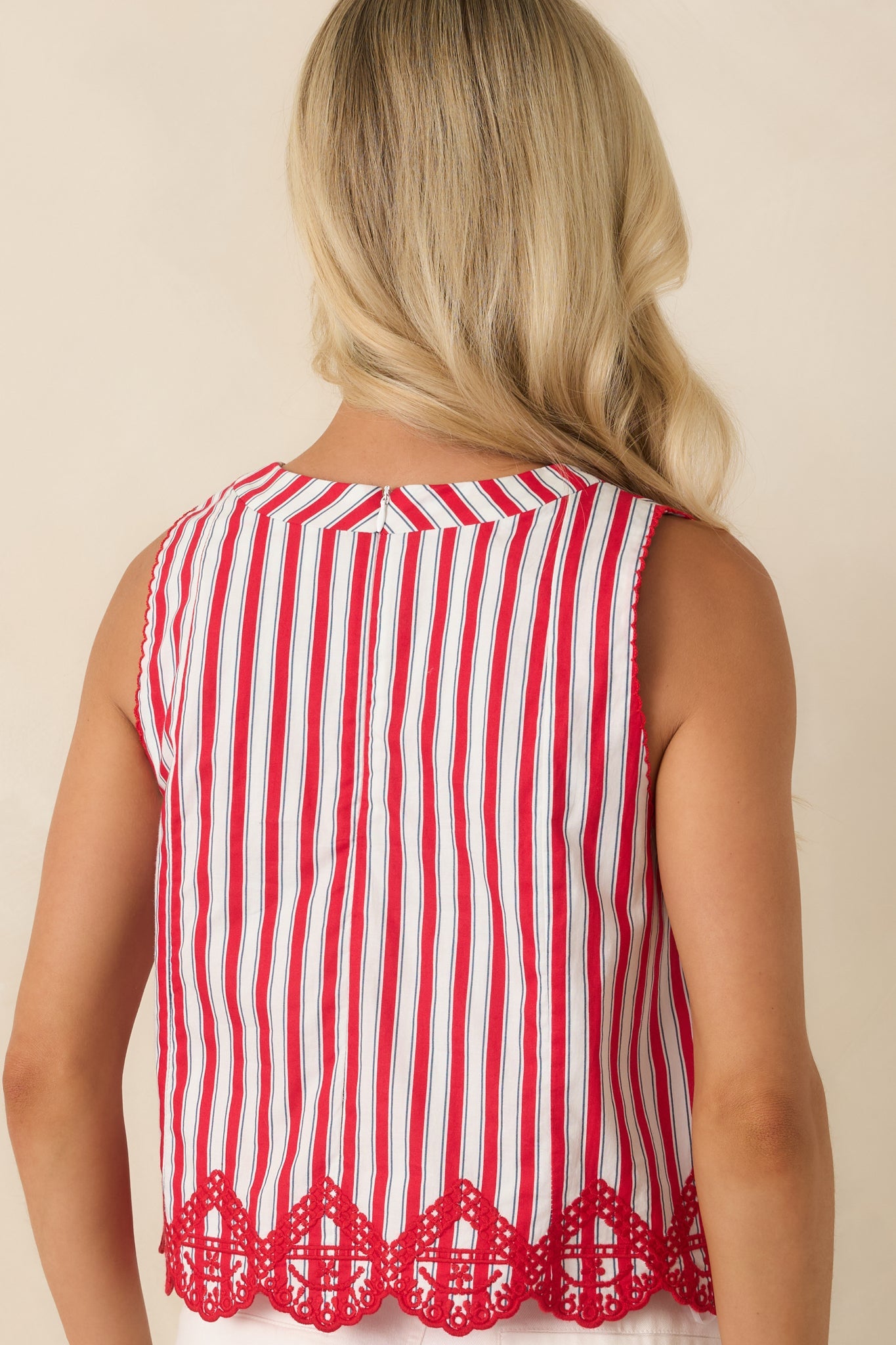 Sweet Liberty Red Multi Stripe Cotton Embroidered Hem Top