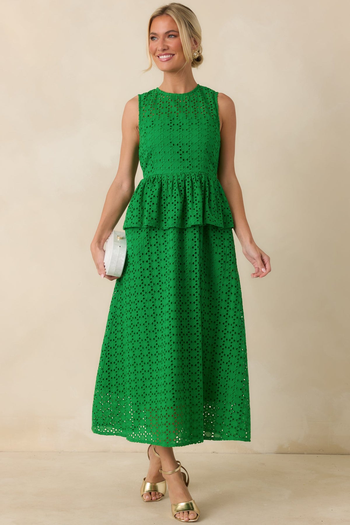 Worth A Closer Look Green Eyelet Peplum Midi Dress