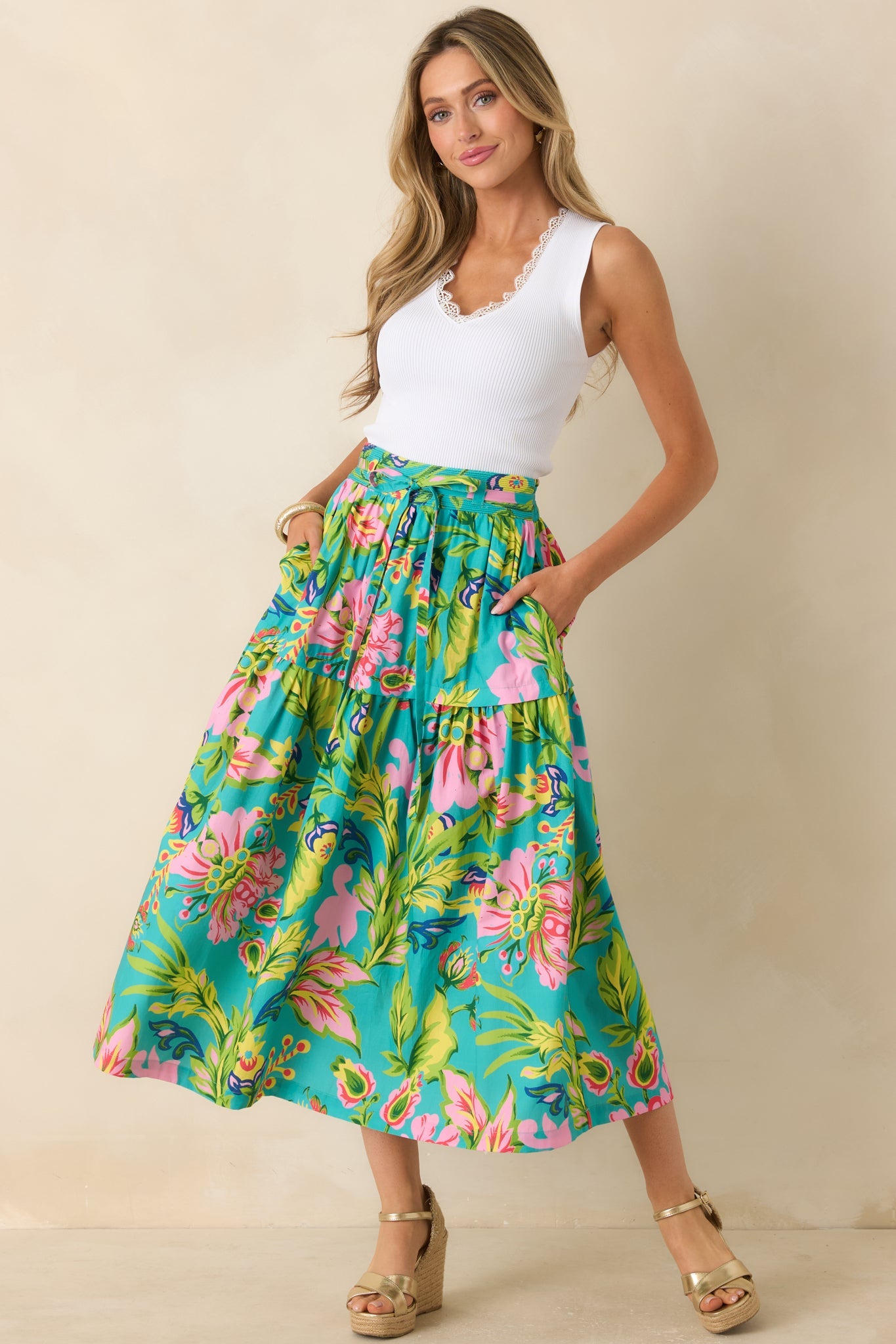 Prosperina Lexi Jade Multi Tropical Floral Cotton Midi Skirt