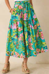 Prosperina Lexi Jade Multi Tropical Floral Cotton Midi Skirt