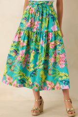 Prosperina Lexi Jade Multi Tropical Floral Cotton Midi Skirt