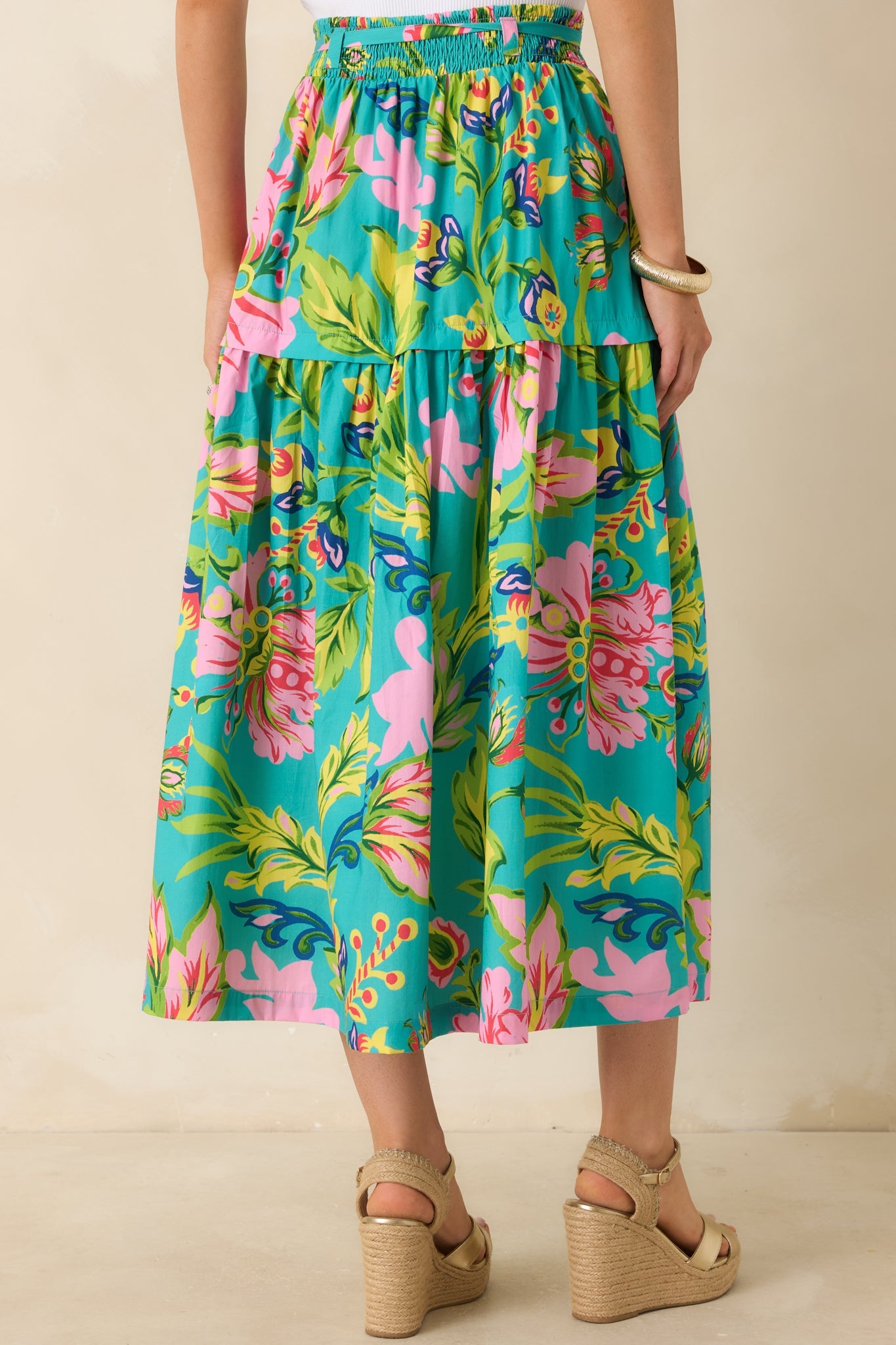 Prosperina Lexi Jade Multi Tropical Floral Cotton Midi Skirt