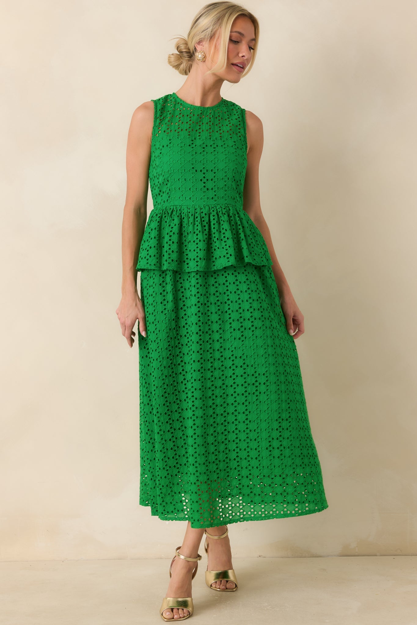 Worth A Closer Look Green Eyelet Peplum Midi Dress