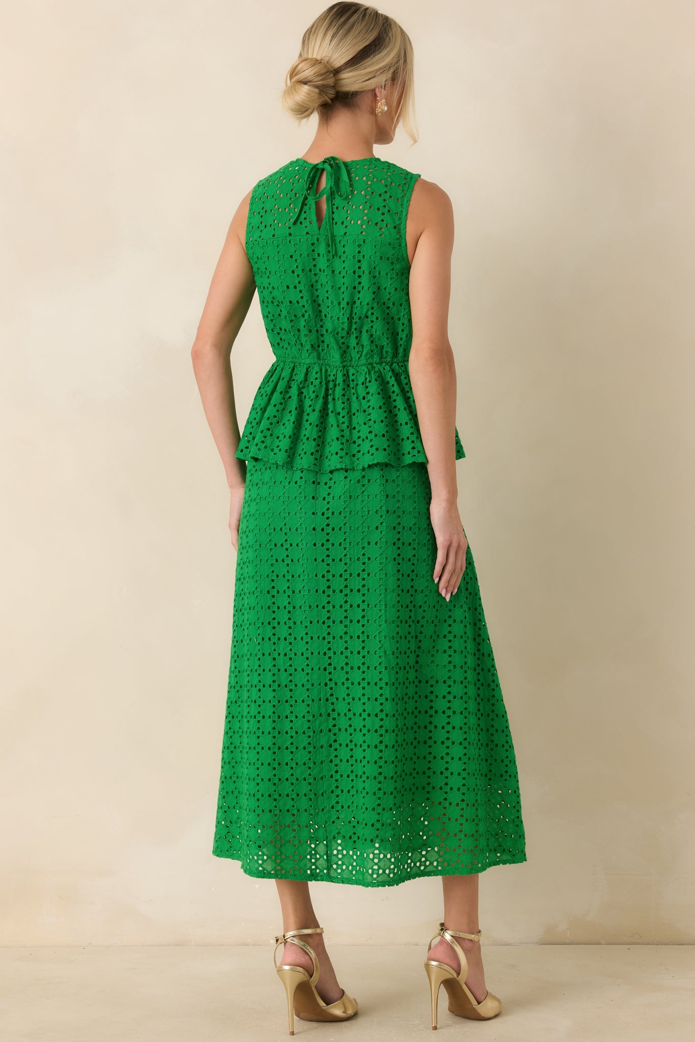 Worth A Closer Look Green Eyelet Peplum Midi Dress