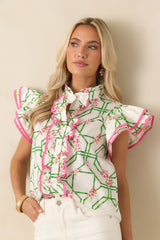 Prosperina Gracie White Multi Floral Trellis Cotton Blouse