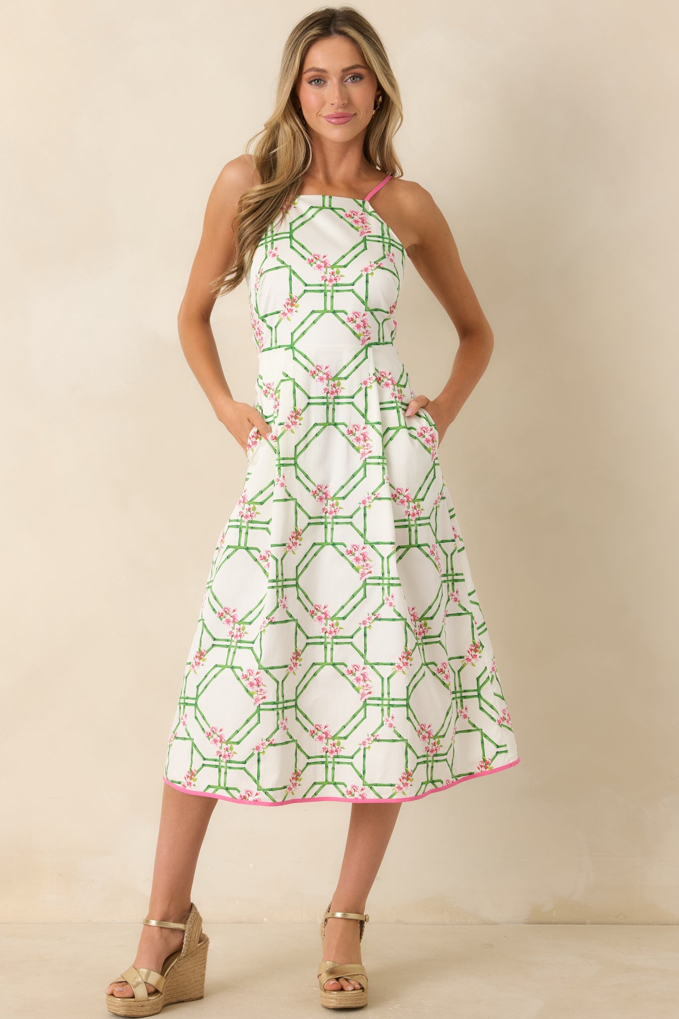 Prosperina Miriam White Multi Floral Trellis Cotton Midi Dress