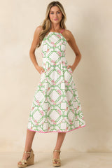 Prosperina Miriam White Multi Floral Trellis Cotton Midi Dress
