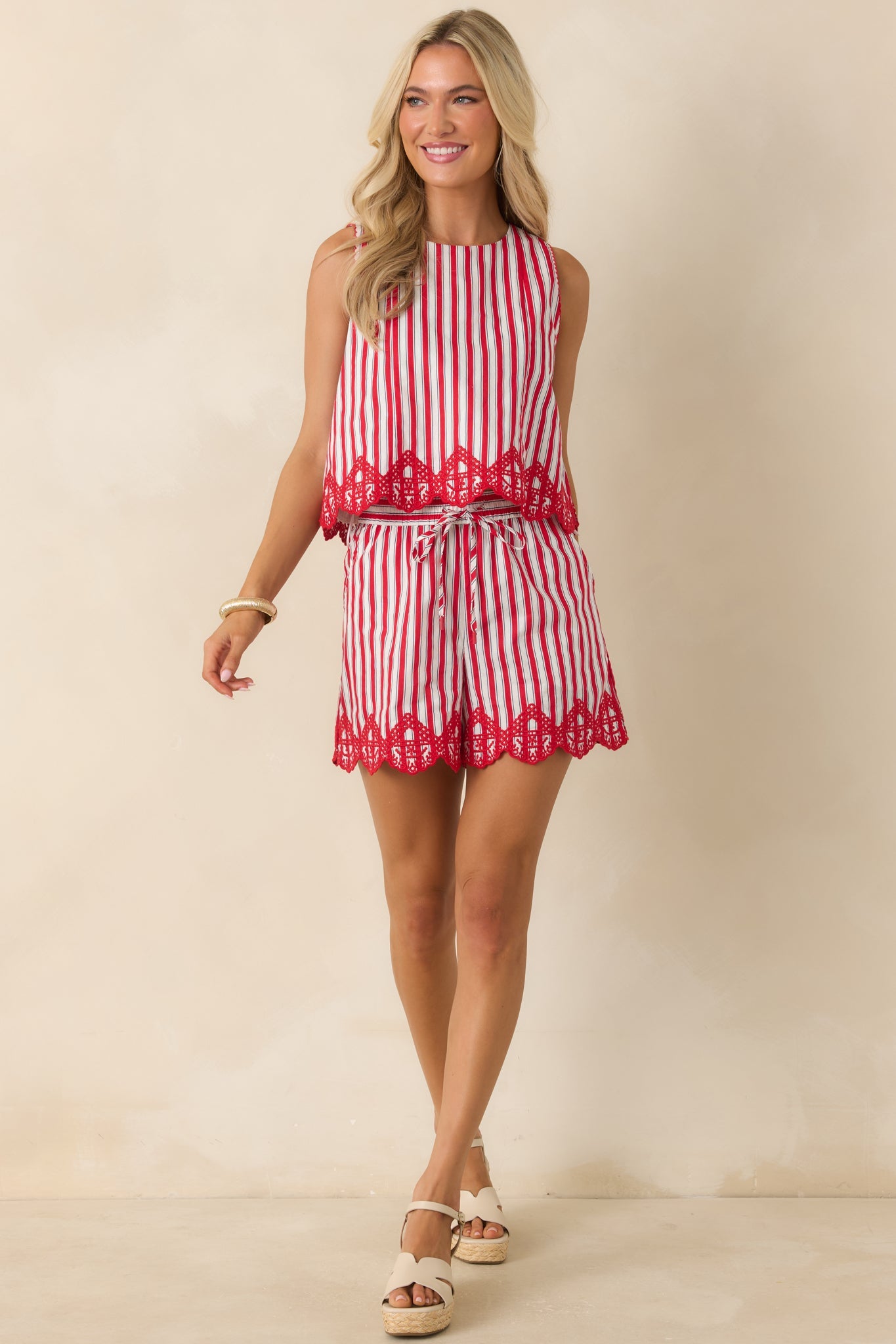 Sweet Liberty Red Multi Stripe Cotton Embroidered Scalloped Hem Shorts
