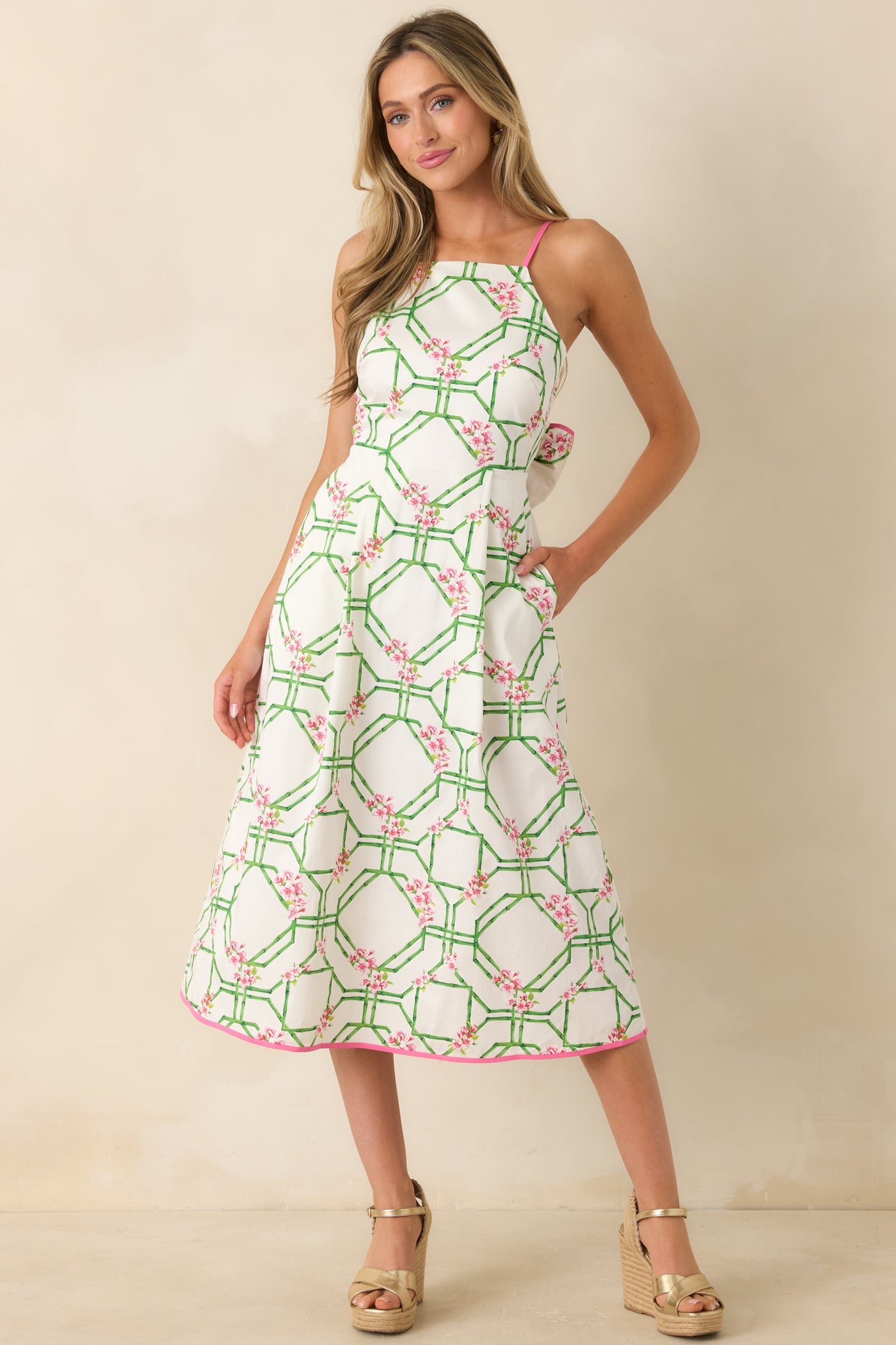Prosperina Miriam White Multi Floral Trellis Cotton Midi Dress