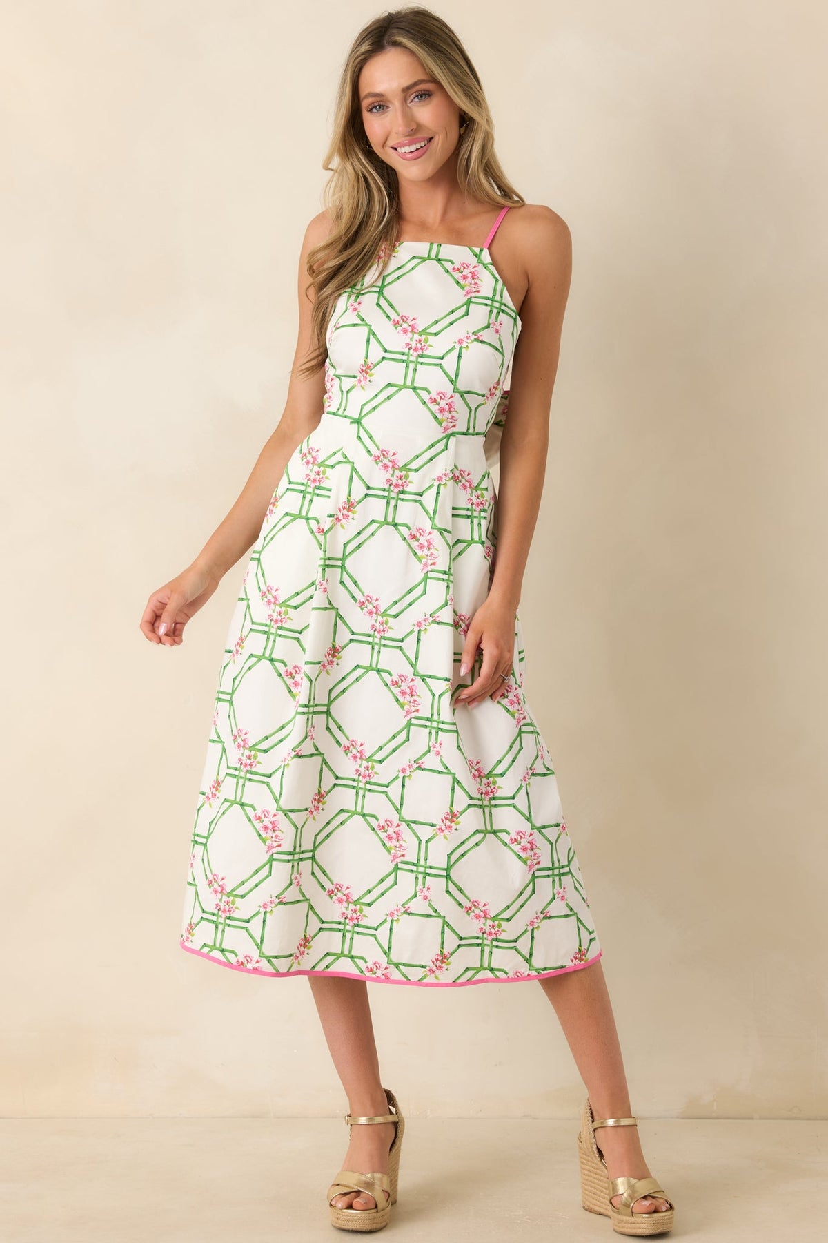 Prosperina Miriam White Multi Floral Trellis Cotton Midi Dress
