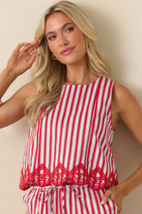 Sweet Liberty Red Multi Stripe Cotton Embroidered Hem Top