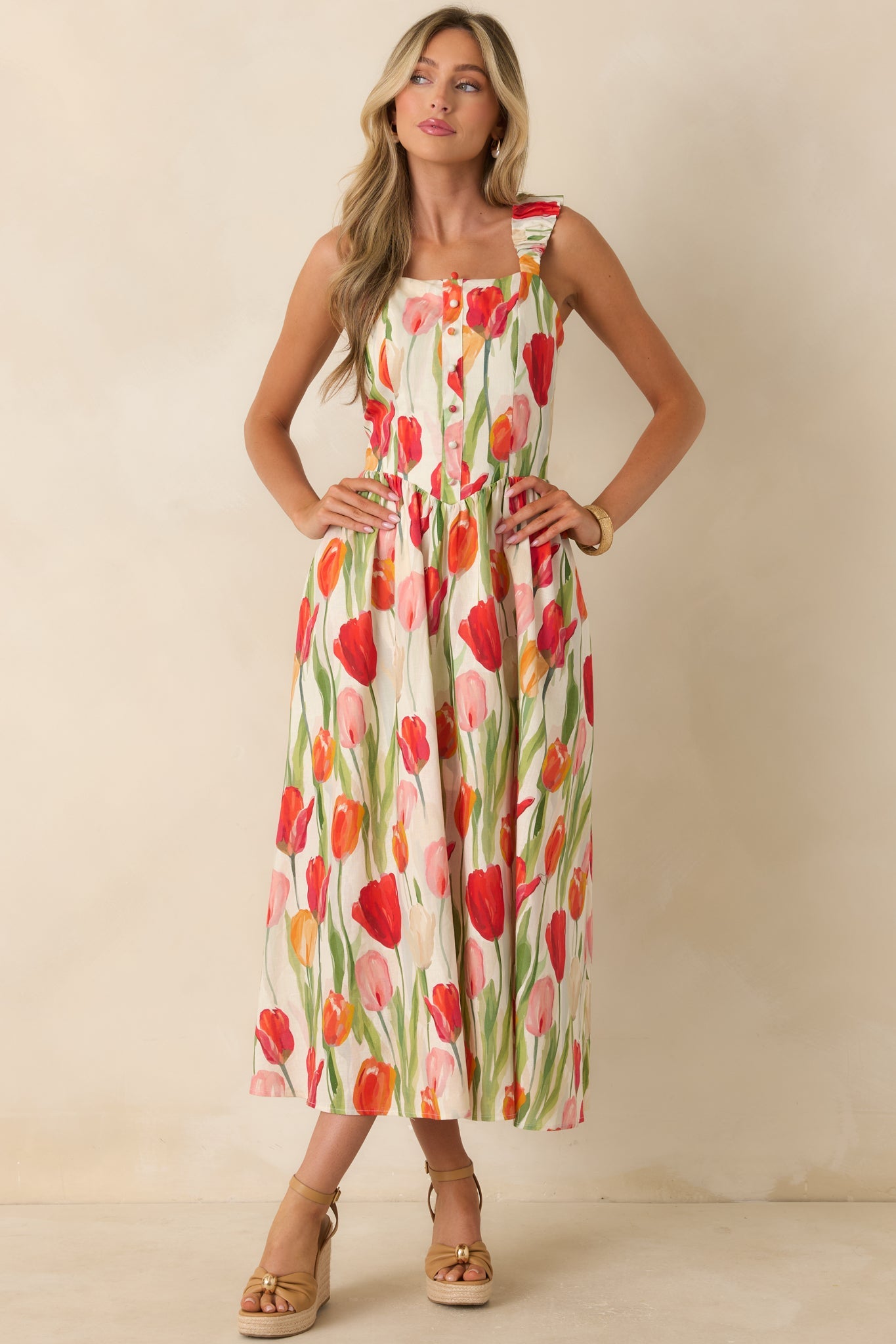 Courtyard Stroll Ivory & Red Multi Linen Blend Floral Midi Dress