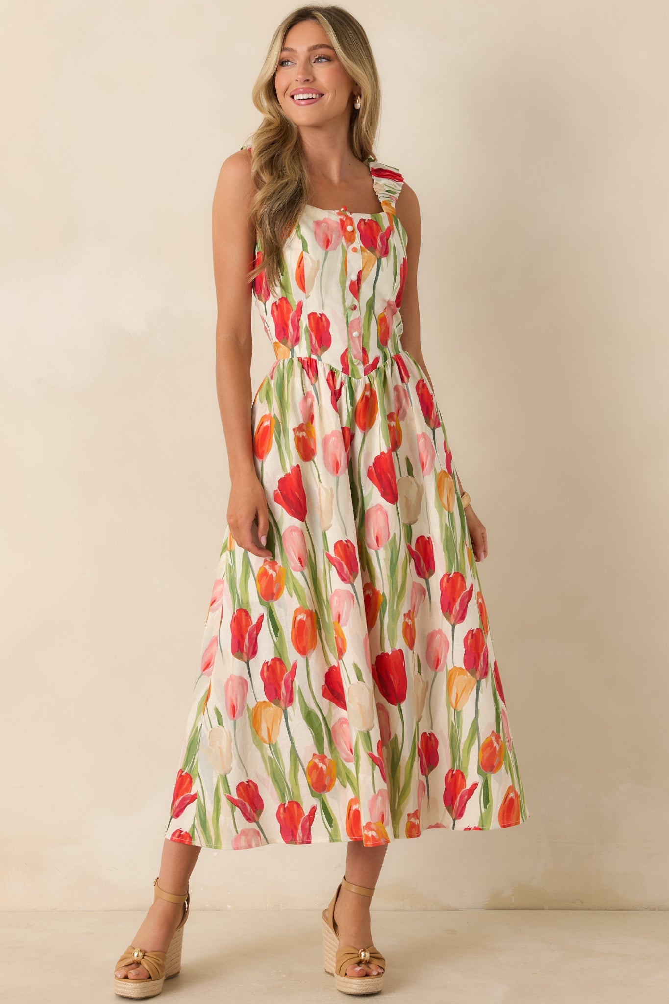 Courtyard Stroll Ivory & Red Multi Linen Blend Floral Midi Dress