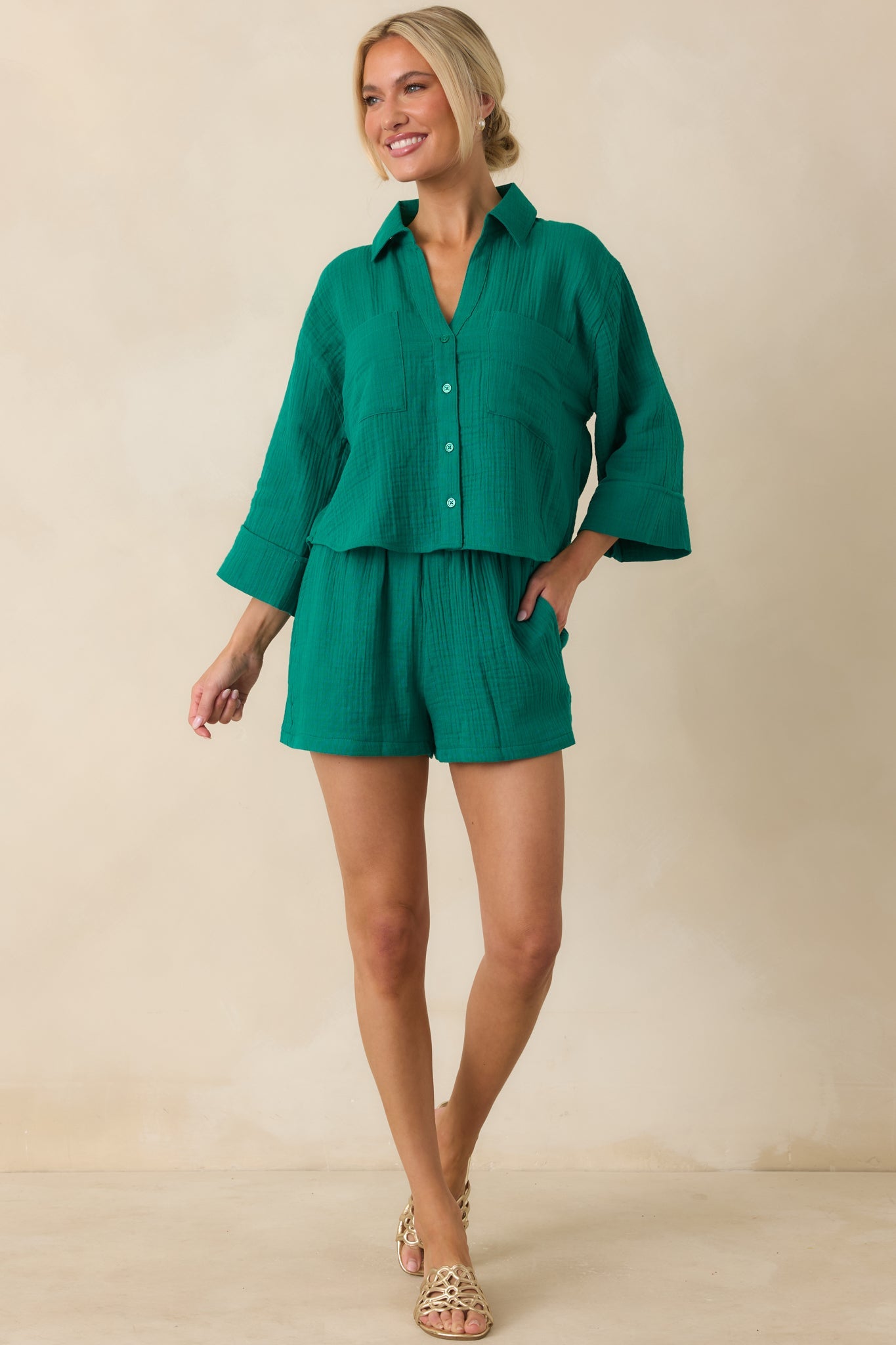 Z Supply Helena Rainforest Green Airy Cotton Gauze Button Up
