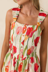Courtyard Stroll Ivory & Red Multi Linen Blend Floral Midi Dress