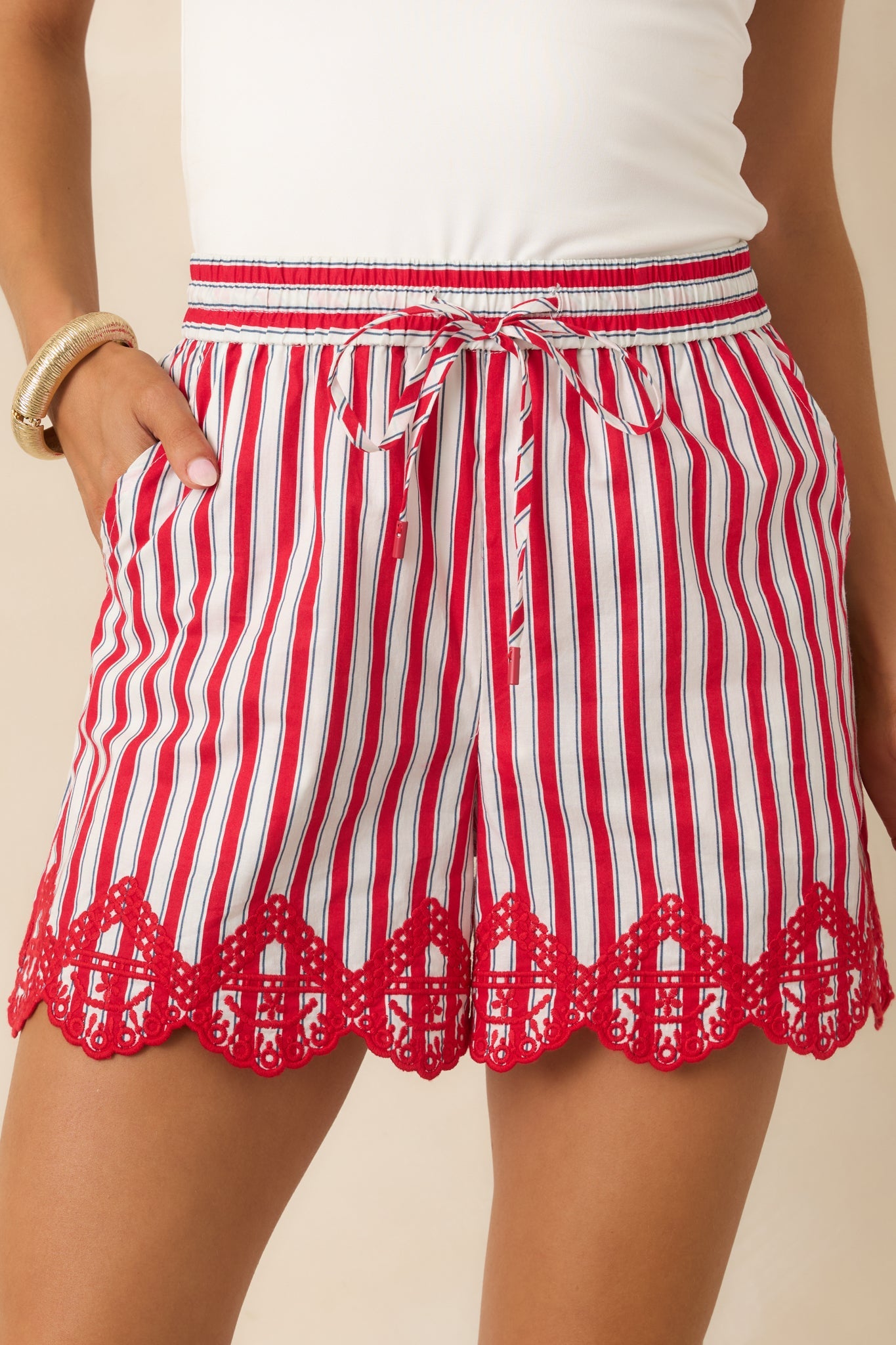 Sweet Liberty Red Multi Stripe Cotton Embroidered Scalloped Hem Shorts