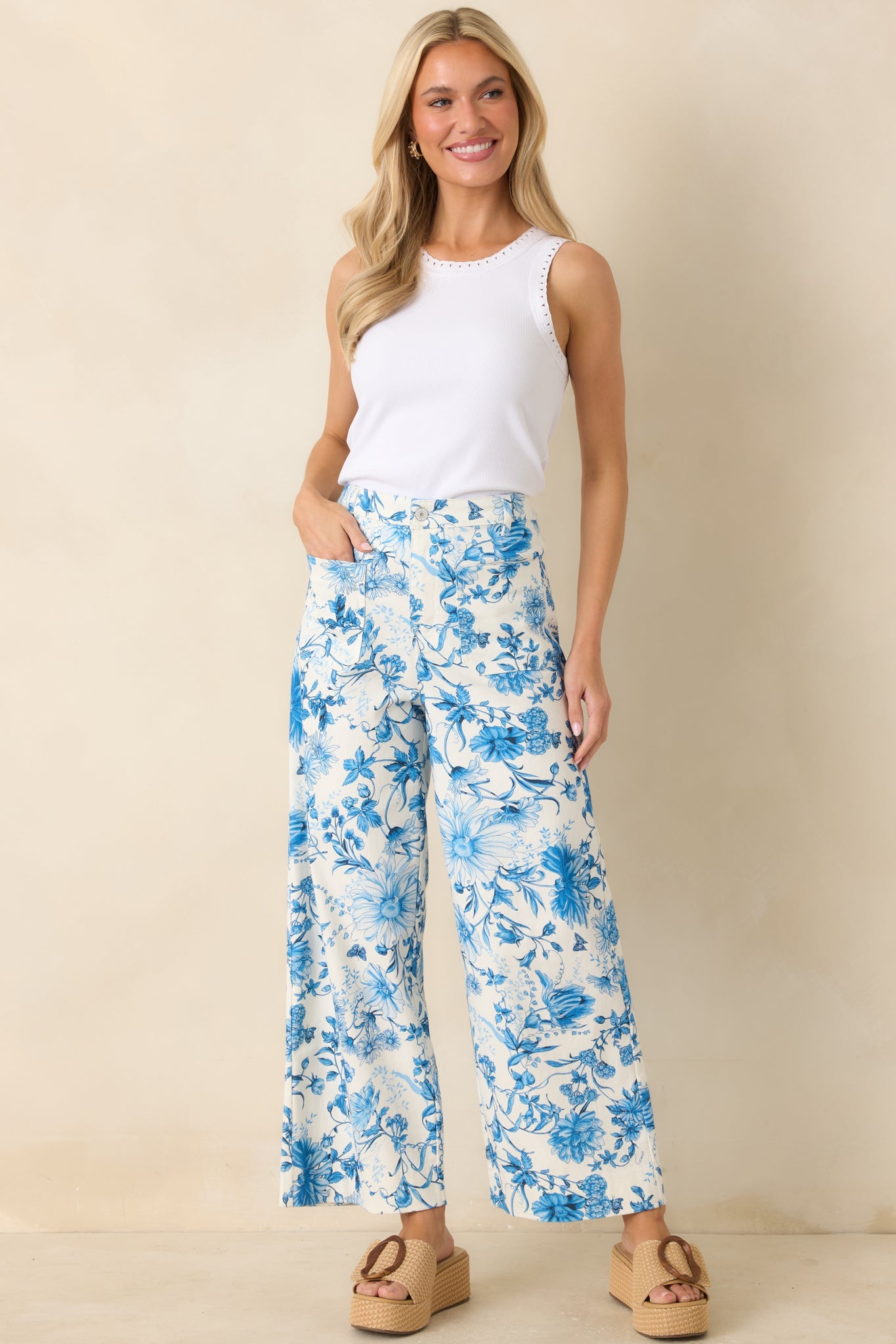 Grow Your Own Way Blue Floral Print Cotton Wide Leg Pants