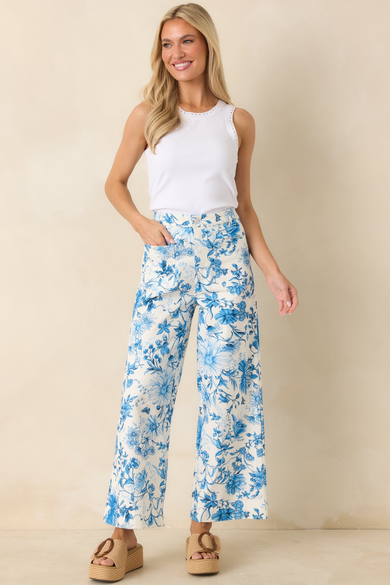 Grow Your Own Way Blue Floral Print Cotton Wide Leg Pants