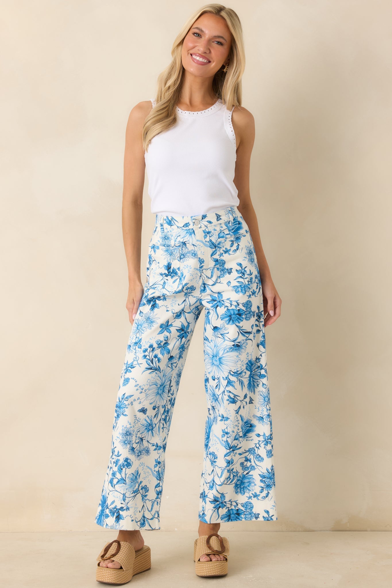 Grow Your Own Way Blue Floral Print Cotton Wide Leg Pants