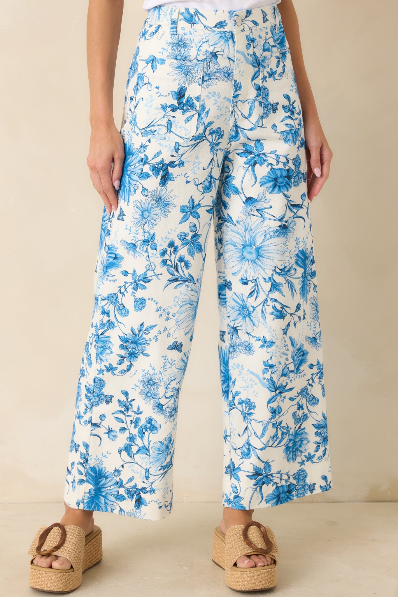 Grow Your Own Way Blue Floral Print Cotton Wide Leg Pants