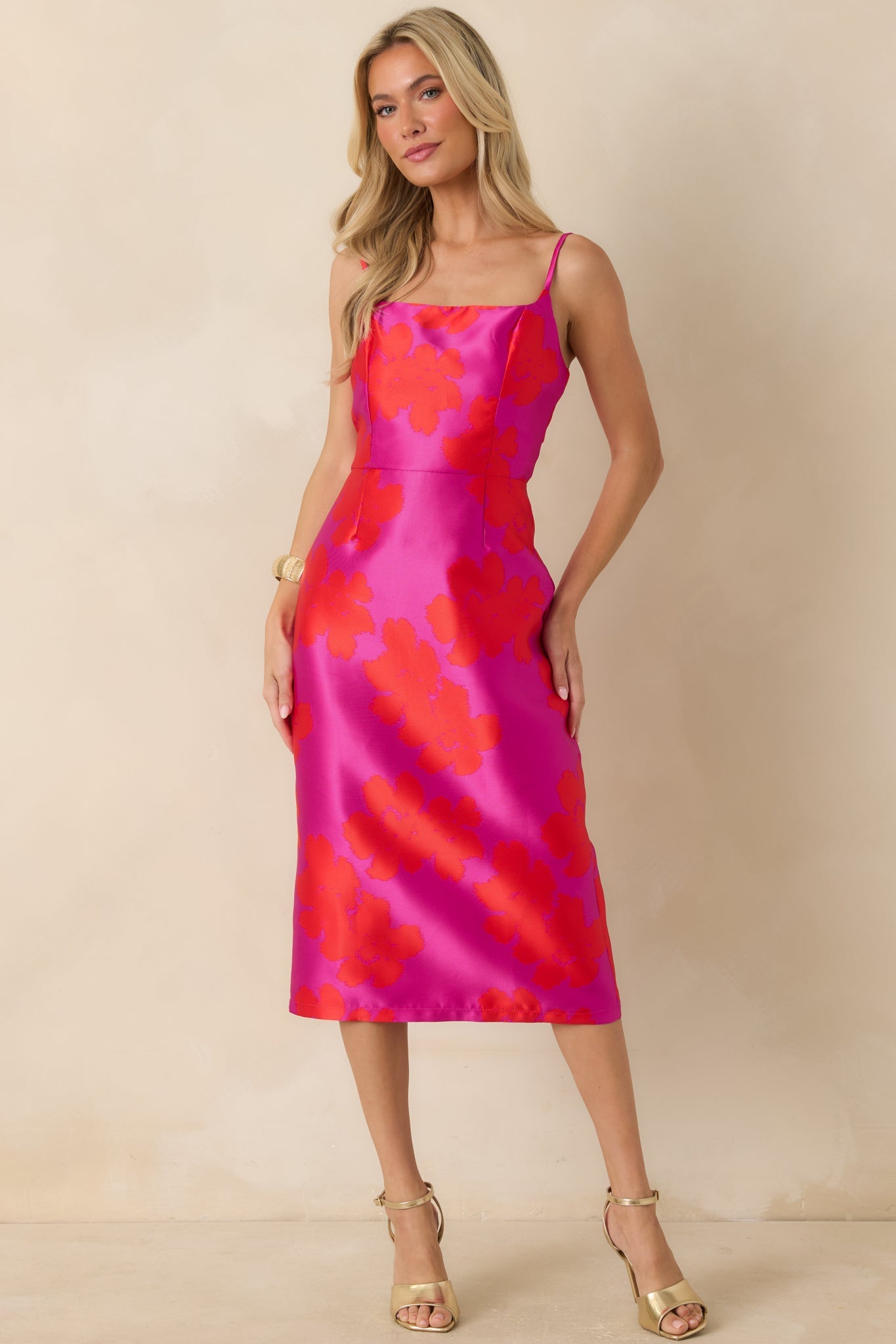 Make an Entrance Fuchsia & Red Floral Jacquard Midi Dress