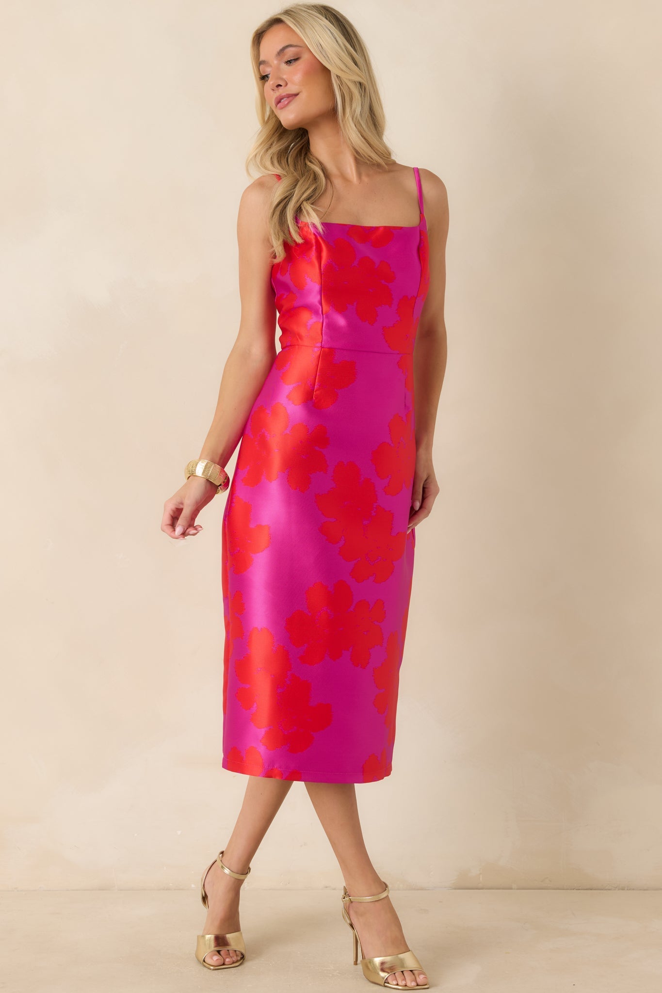 Make an Entrance Fuchsia & Red Floral Jacquard Midi Dress