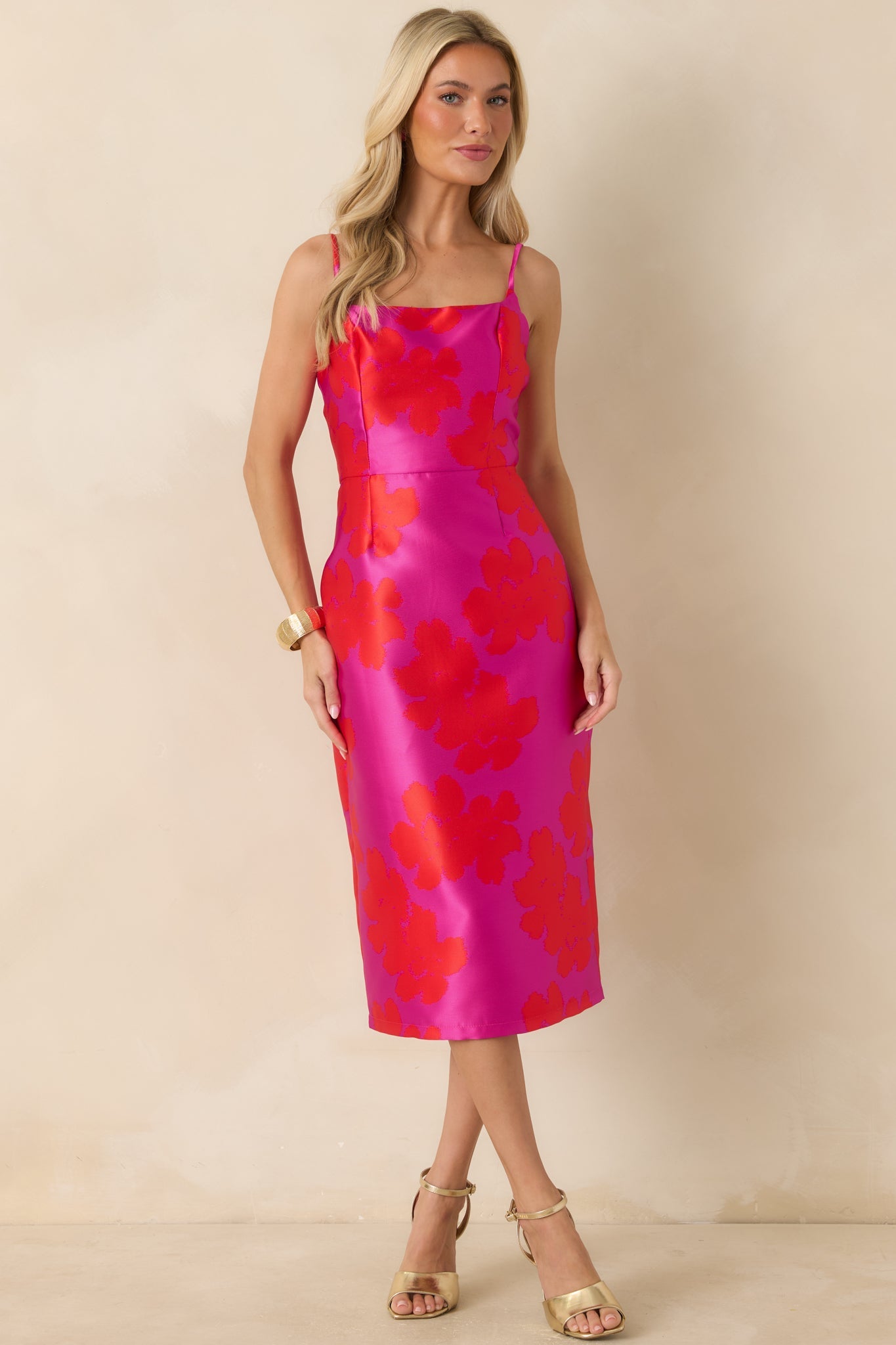 Make an Entrance Fuchsia & Red Floral Jacquard Midi Dress