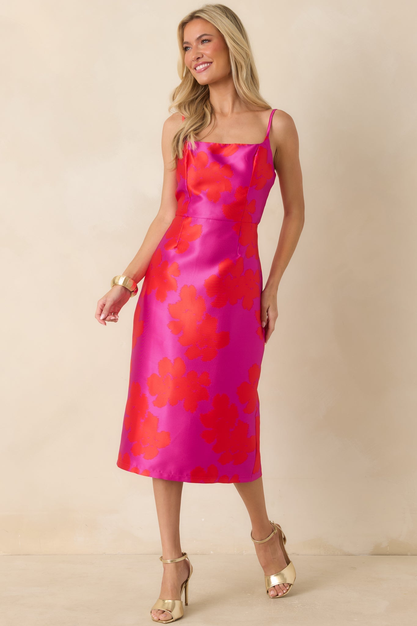 Make an Entrance Fuchsia & Red Floral Jacquard Midi Dress