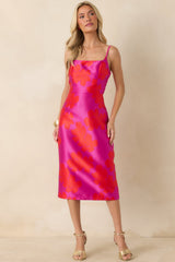 Make an Entrance Fuchsia & Red Floral Jacquard Midi Dress