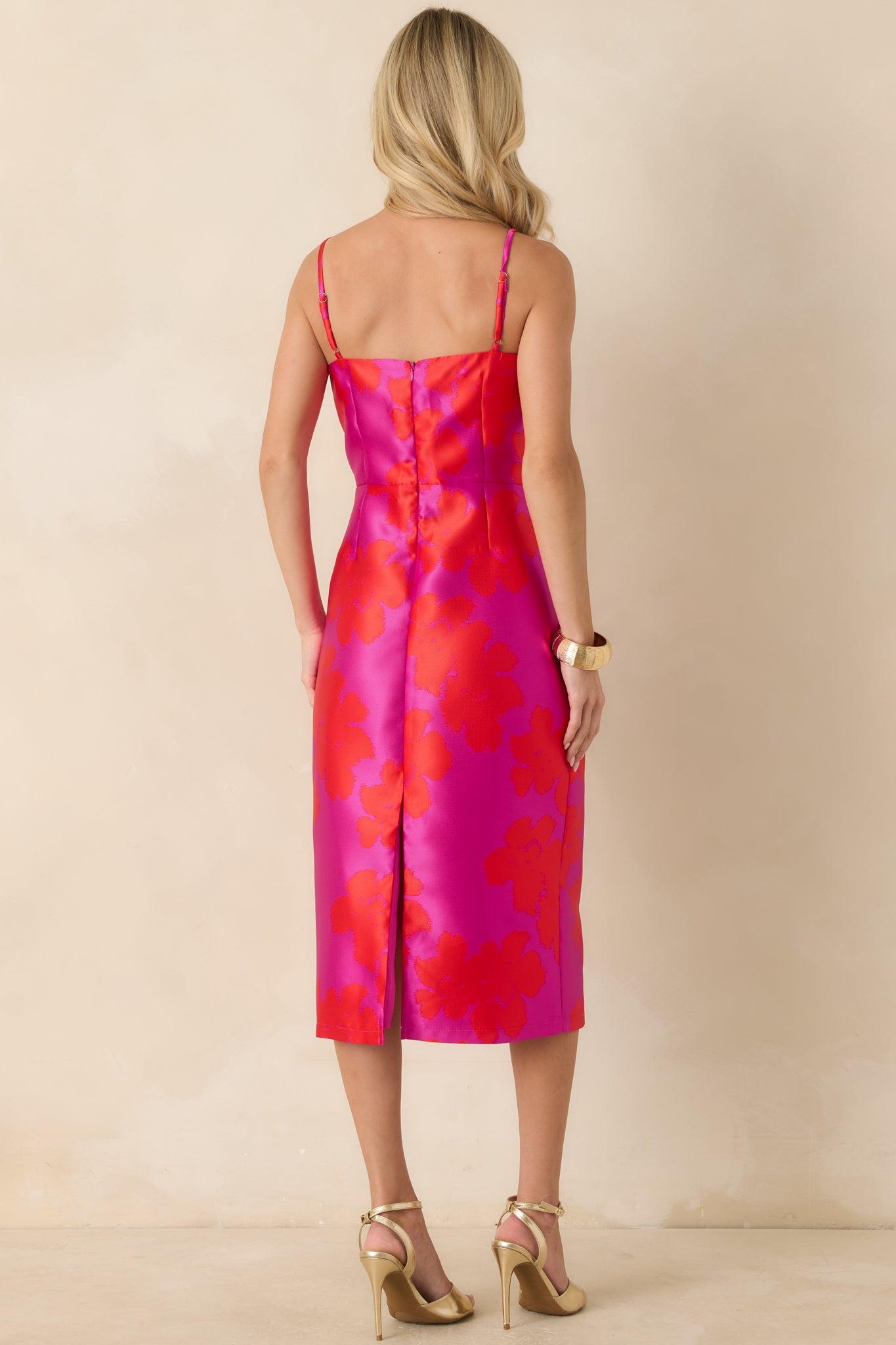 Make an Entrance Fuchsia & Red Floral Jacquard Midi Dress