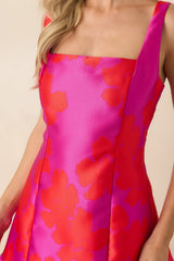 Paint The Town Fuchsia & Red Floral Jacquard Ruffle Hem Mini Dress