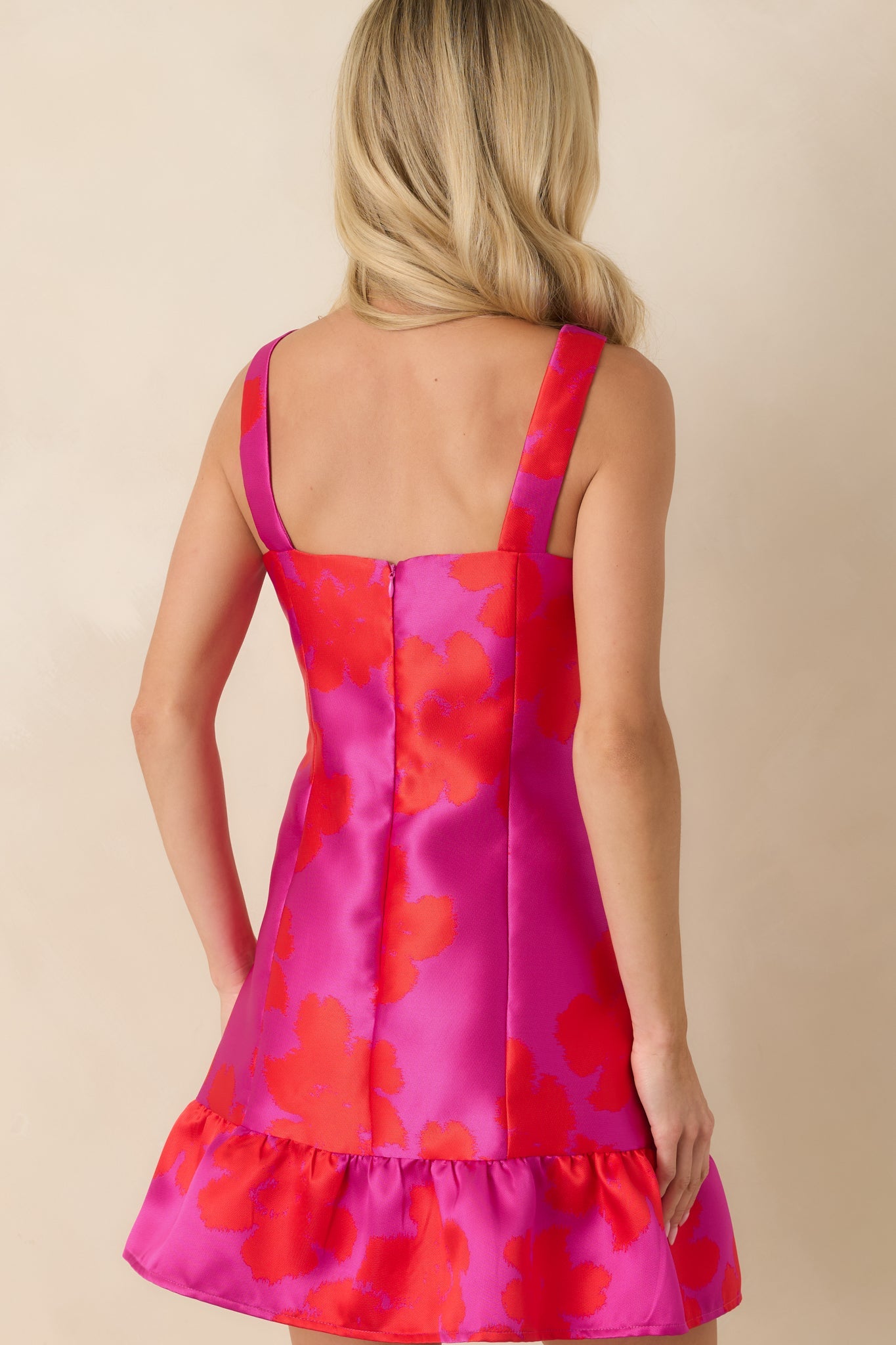 Paint The Town Fuchsia & Red Floral Jacquard Ruffle Hem Mini Dress