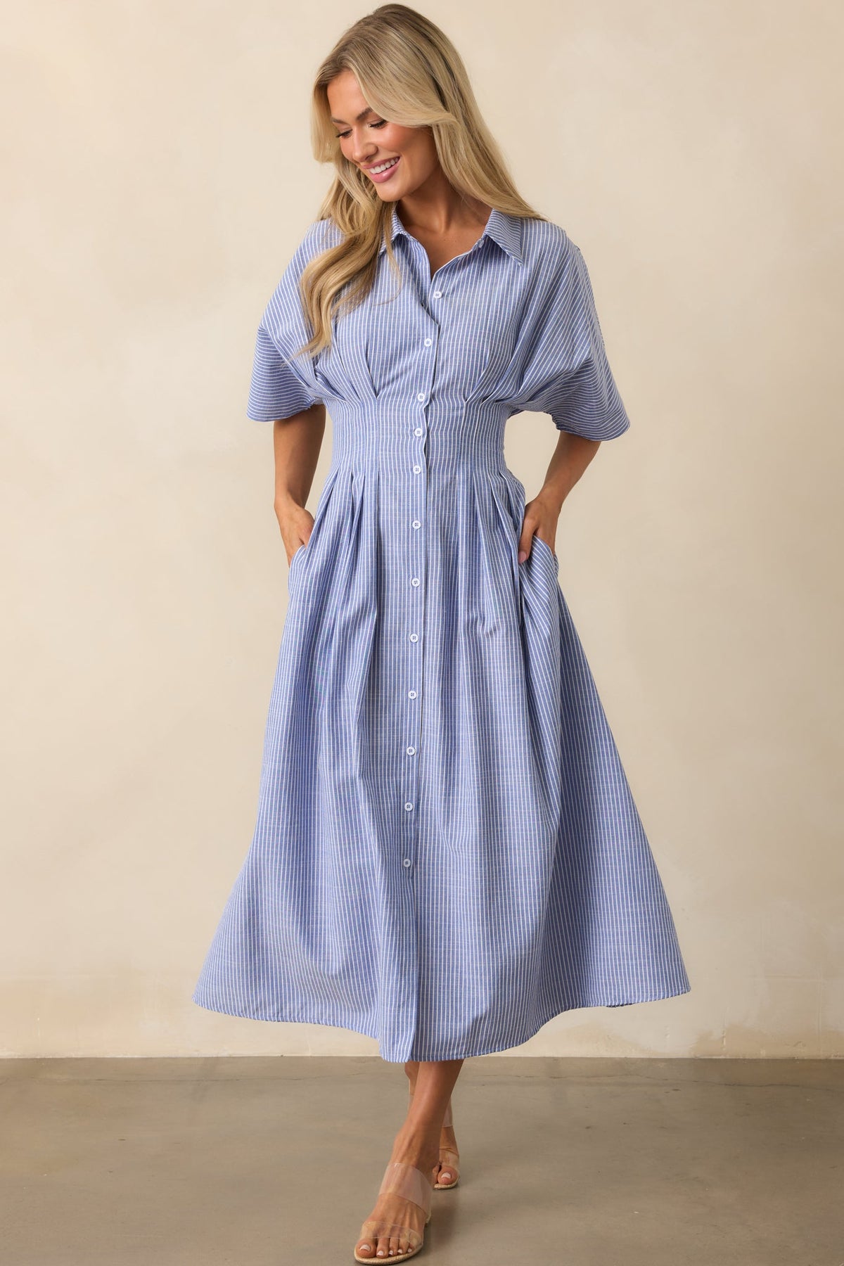 No Big Deal Blue Stripe Cotton Pleated Midi Shirt Dress