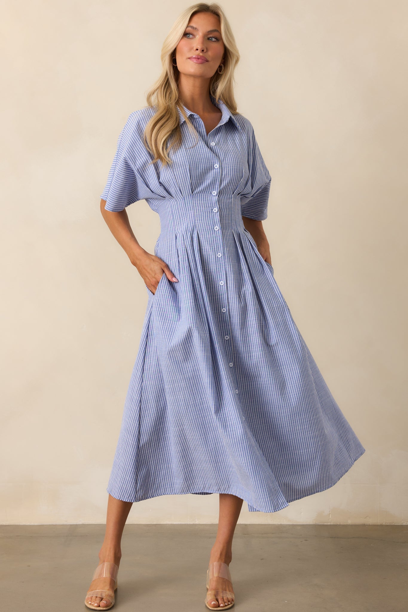 No Big Deal Blue Stripe Cotton Pleated Midi Shirt Dress