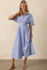 No Big Deal Blue Stripe Cotton Pleated Midi Shirt Dress
