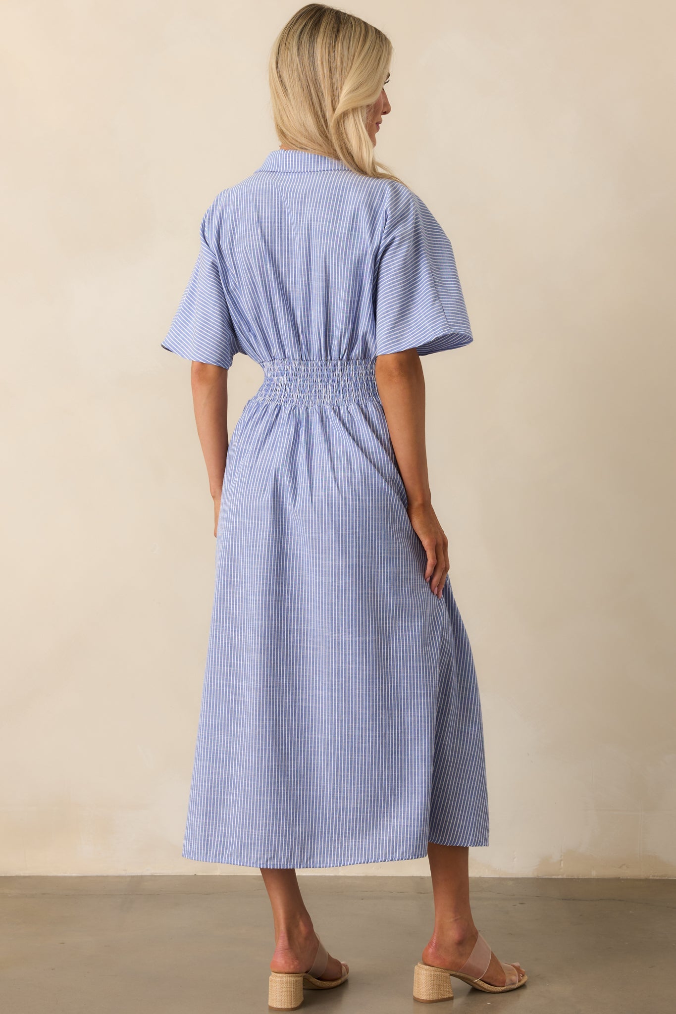 No Big Deal Blue Stripe Cotton Pleated Midi Shirt Dress
